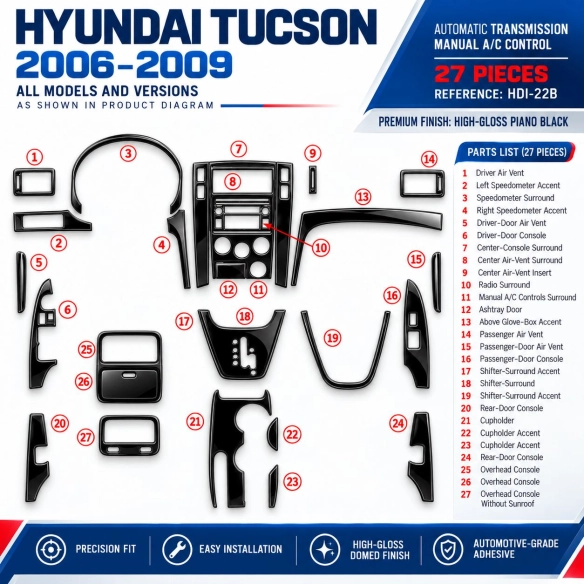 Hyundai Tucson 2006-2009 cambio automatico; cambio manuale comandi climatizzatore kit rivestimento cruscotto e interni 3D