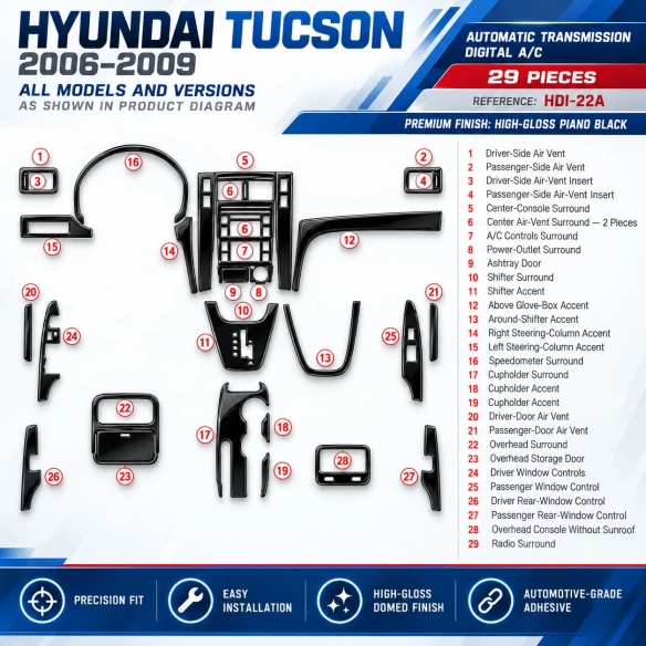 Hyundai Tucson 2006-2009 cambio automatico kit rivestimento cruscotto e interni 3D