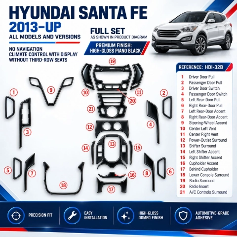 Hyundai Santa Fe 2013-in poi set completo; No navigatore; Climate con Display; No 3rd Row kit rivestimento cruscotto e interni 3