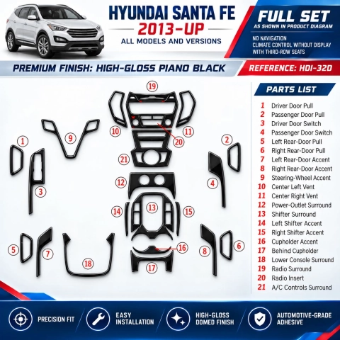 Hyundai Santa Fe 2013-in poi set completo; No navigatore; Climate No Display; con 3 row seats kit rivestimento cruscotto e inter