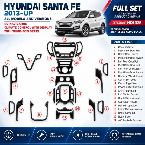 Hyundai Santa Fe 2013-in poi set completo; No navigatore; Climate con Display; con 3 row seats kit rivestimento cruscotto e inte 2
