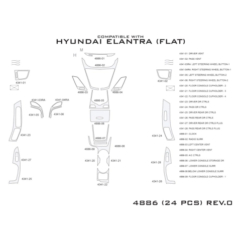 Hyundai Elantra 2010-2015 kit rivestimento cruscotto e interni 3D 24 pezzi