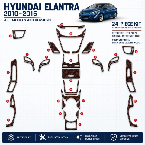 Hyundai Elantra 2010-2015 kit rivestimento cruscotto e interni 3D 24 pezzi 2