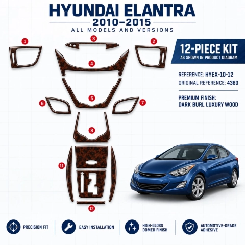 Hyundai Elantra 2010-2015 kit rivestimento cruscotto e interni 3D 12 pezzi
