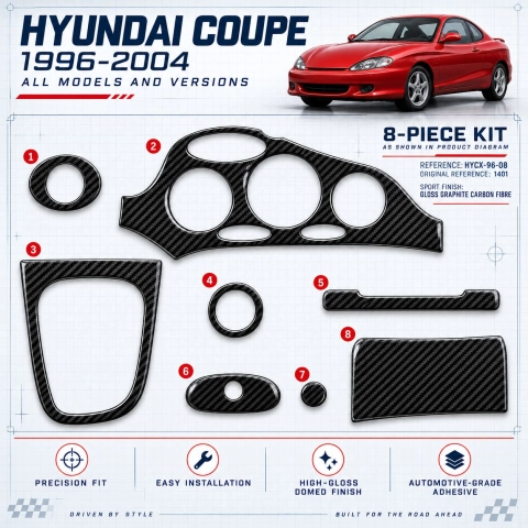Hyundai Coupe 1996-2004 kit rivestimento cruscotto e interni 3D 8 pezzi