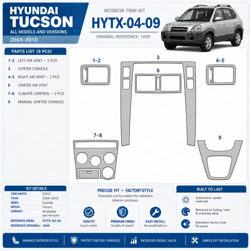 Hyundai Tucson 2004-2010 kit rivestimento cruscotto e interni 3D 9 pezzi