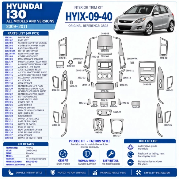 Hyundai i30 2009-2011 kit rivestimento cruscotto e interni 3D 40 pezzi