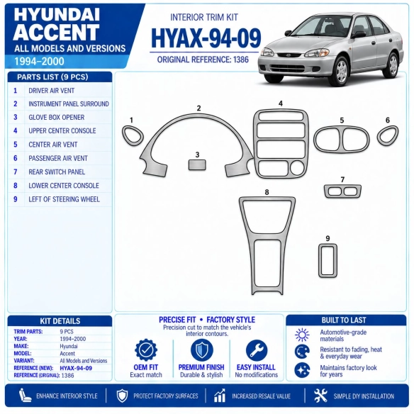 Hyundai Accent 1994-2000 kit rivestimento cruscotto e interni 3D 9 pezzi