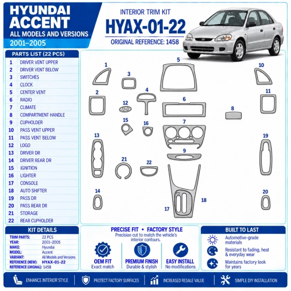 Hyundai Accent 2001-2005 kit rivestimento cruscotto e interni 3D 22 pezzi