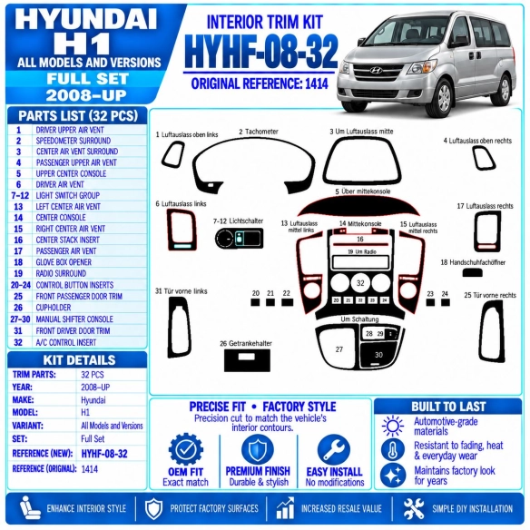 Hyundai H1 2008-in poi set completo kit rivestimento cruscotto e interni 3D 32 pezzi