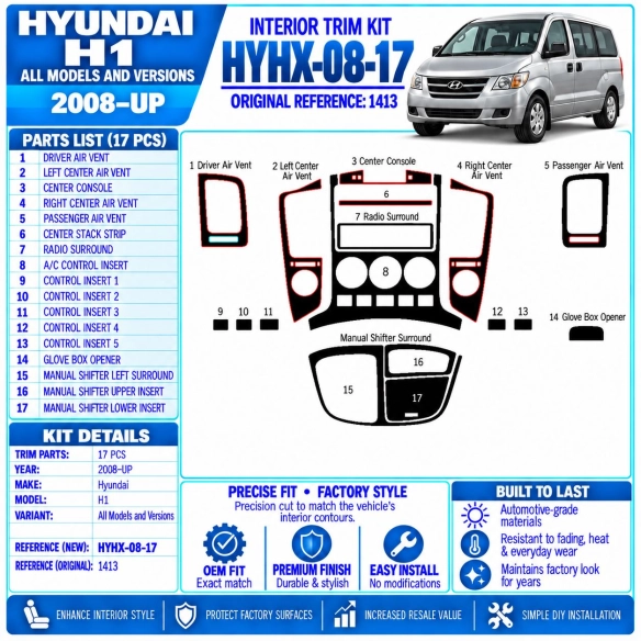 Hyundai H1 2008-in poi kit rivestimento cruscotto e interni 3D 17 pezzi