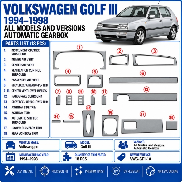 Volkswagen Golf 1994-1998 cambio manuale kit rivestimento cruscotto e interni 3D 18 pezzi