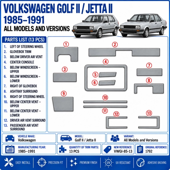 Volkswagen Golf II Jetta II 1985-1991 kit rivestimento cruscotto e interni 3D 13 pezzi