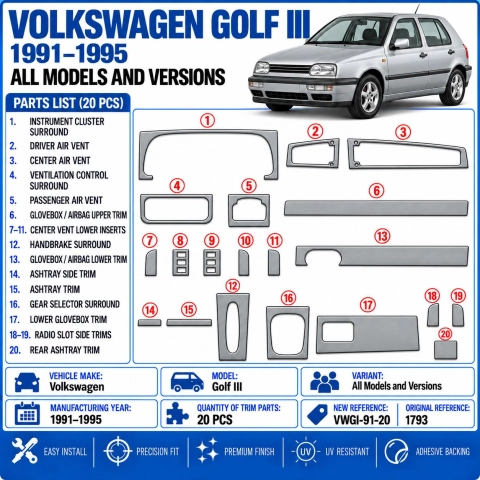 Volkswagen Golf III 1991-1995 kit cruscotto 3D, 20 pezzi 2