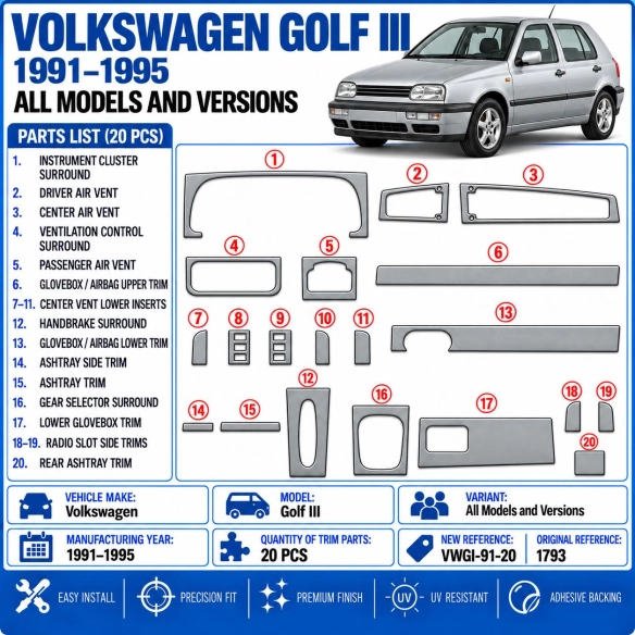 Volkswagen Golf III 1991-1995 kit rivestimento cruscotto e interni 3D 20 pezzi