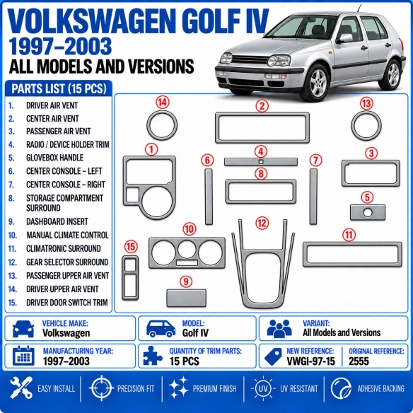 Volkswagen Golf IV 1997-2003 kit rivestimento cruscotto e interni 3D 15 pezzi