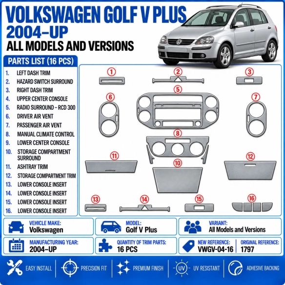 Volkswagen Golf V Plus 2004-in poi kit rivestimento cruscotto e interni 3D 16 pezzi