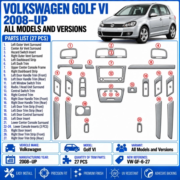 Volkswagen Golf VI 2008-in poi kit rivestimento cruscotto e interni 3D 27 pezzi