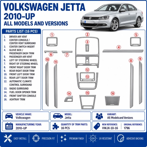 Volkswagen Jetta 2010-in poi kit rivestimento cruscotto e interni 3D 16 pezzi 2
