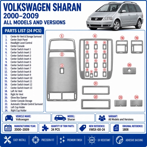 Volkswagen Sharan 2000-2009 kit cruscotto 3D, 24 pezzi 2