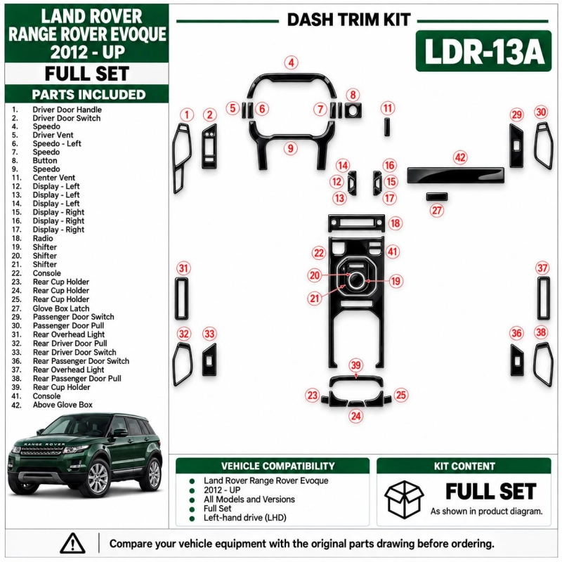Land Rover Range Rover Evoque 2012-in poi set completo kit rivestimento cruscotto e interni 3D