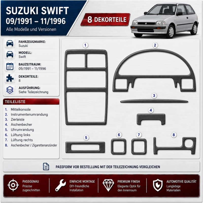 Suzuki Swift 1991-1996 kit rivestimento cruscotto e interni 3D 8 pezzi