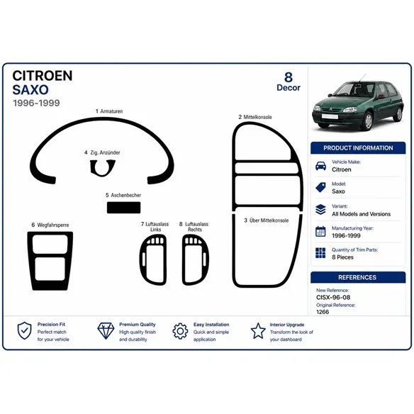 Citroen Saxo 1996-1999 kit cruscotto 3D, 8 pezzi