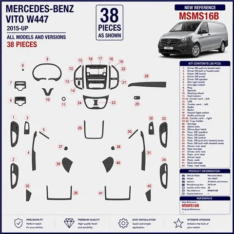 Mercedes-Benz Vito W447 2015-in poi kit rivestimento cruscotto e interni 3D 38 pezzi 2