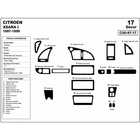Citroen Xsara I 1997-1999 kit cruscotto 3D, 17 pezzi