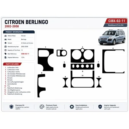 Citroen Berlingo 2002-2008 kit cruscotto 3D, 11 pezzi