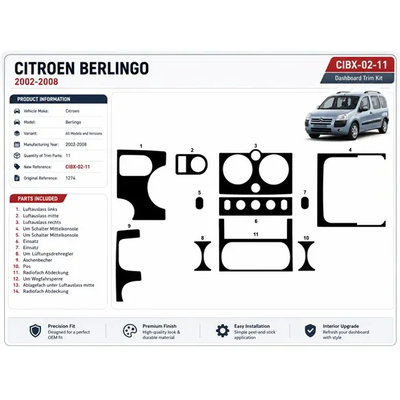 Citroen Berlingo 2002-2008 kit cruscotto 3D, 11 pezzi
