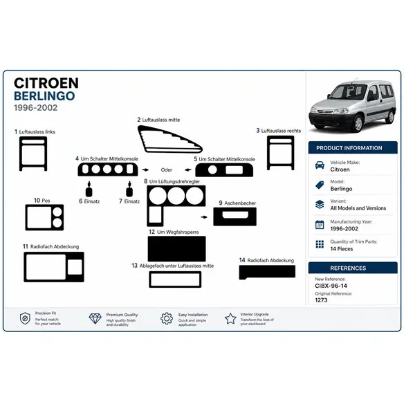Citroen Berlingo 1996-2002 kit cruscotto 3D, 14 pezzi