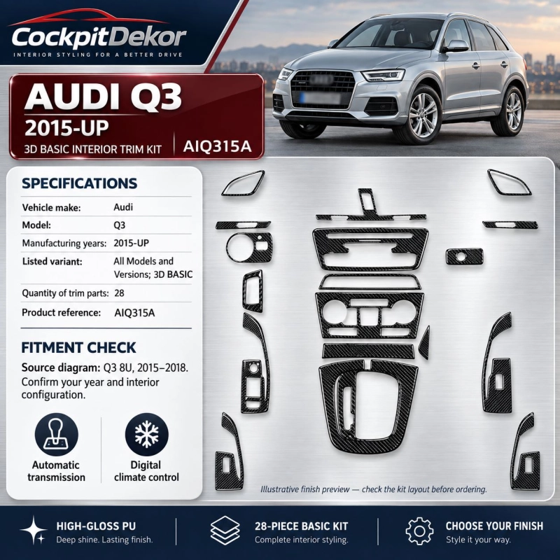 Audi Q3 2015-in poi 3D BASIC kit rivestimento cruscotto e interni 3D 28 pezzi