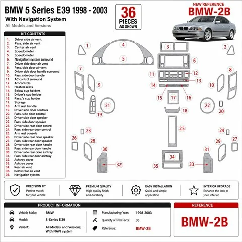 BMW 5-Series E39 1998-2003 con navigazione system kit cruscotto 3D, 36 pezzi