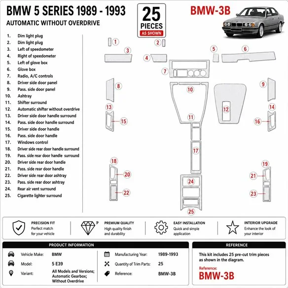 BMW 5 E34 1989-1993 cambio automatico, Without Overdrive kit cruscotto 3D, 25 pezzi