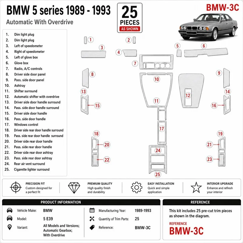 BMW 5 E34 1989-1993 cambio automatico, With Overdrive kit cruscotto 3D, 25 pezzi