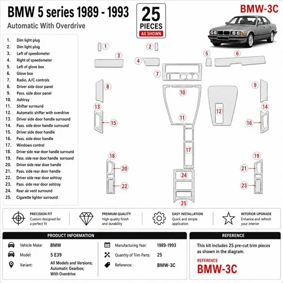 BMW 5 E34 1989-1993 cambio automatico, With Overdrive kit cruscotto 3D, 25 pezzi