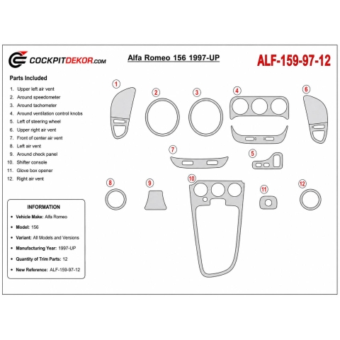 Alfa Romeo 156 1997+ kit cruscotto 3D, 12 pezzi 2