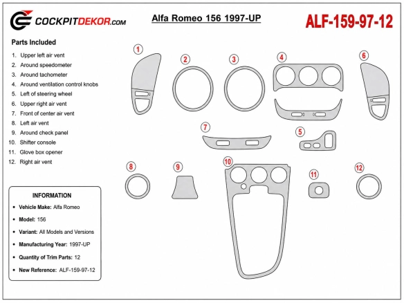 Alfa Romeo 156 1997+ kit cruscotto 3D, 12 pezzi