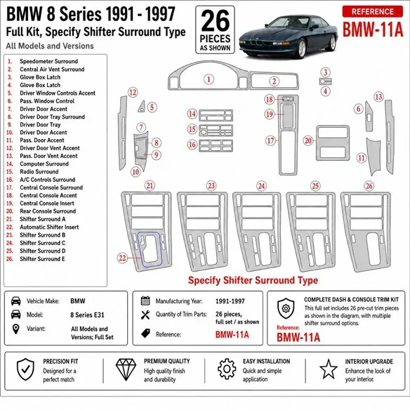 BMW 8 Series E31 1991-1997 set completo kit cruscotto 3D
