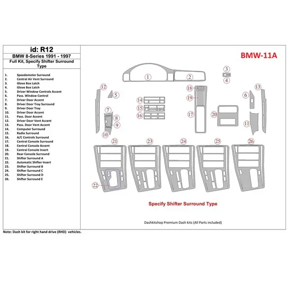 BMW 8 Series E31 1991-1997 set completo kit cruscotto 3D