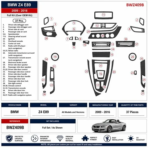 BMW Z4 E89 2009-2016 kit cruscotto 3D, 37 pezzi 2