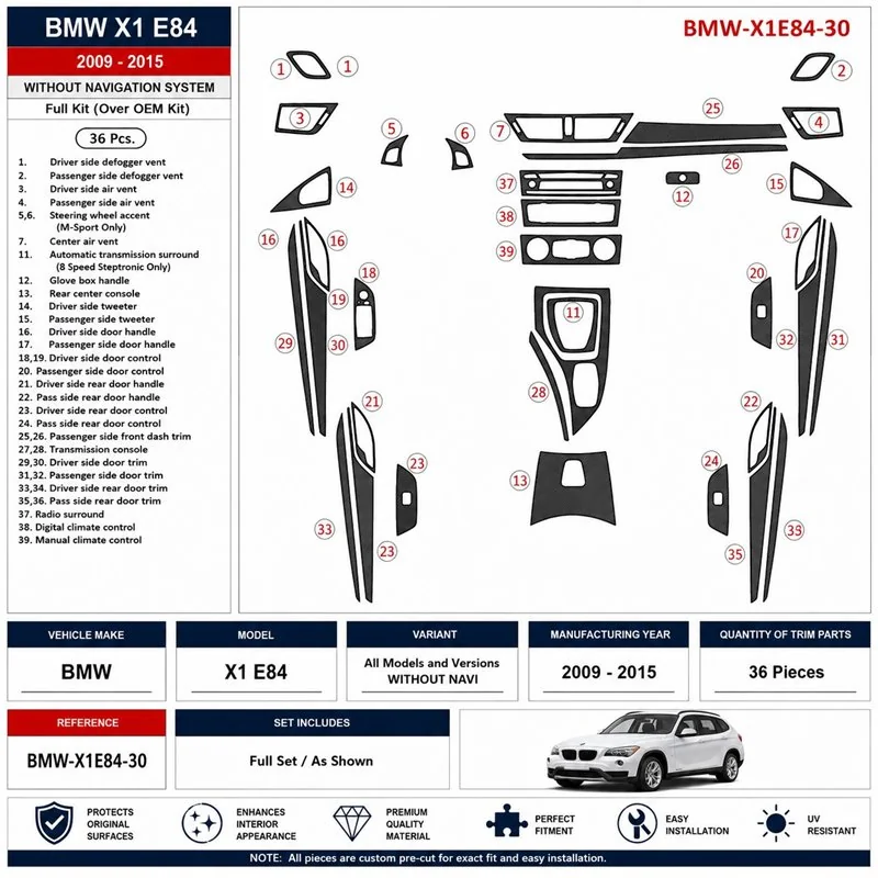 BMW X1 E84 2009-2015 NAVI kit cruscotto 3D, 36 pezzi