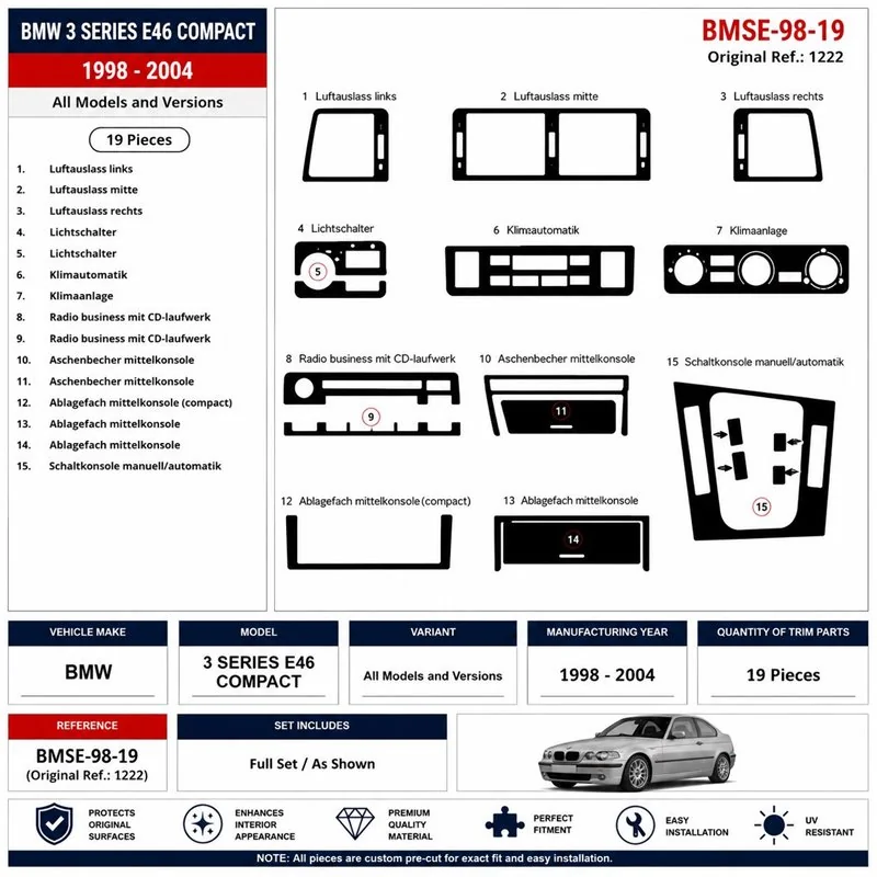 BMW 3 Series E46 Compact 1998-2004 kit cruscotto 3D, 19 pezzi