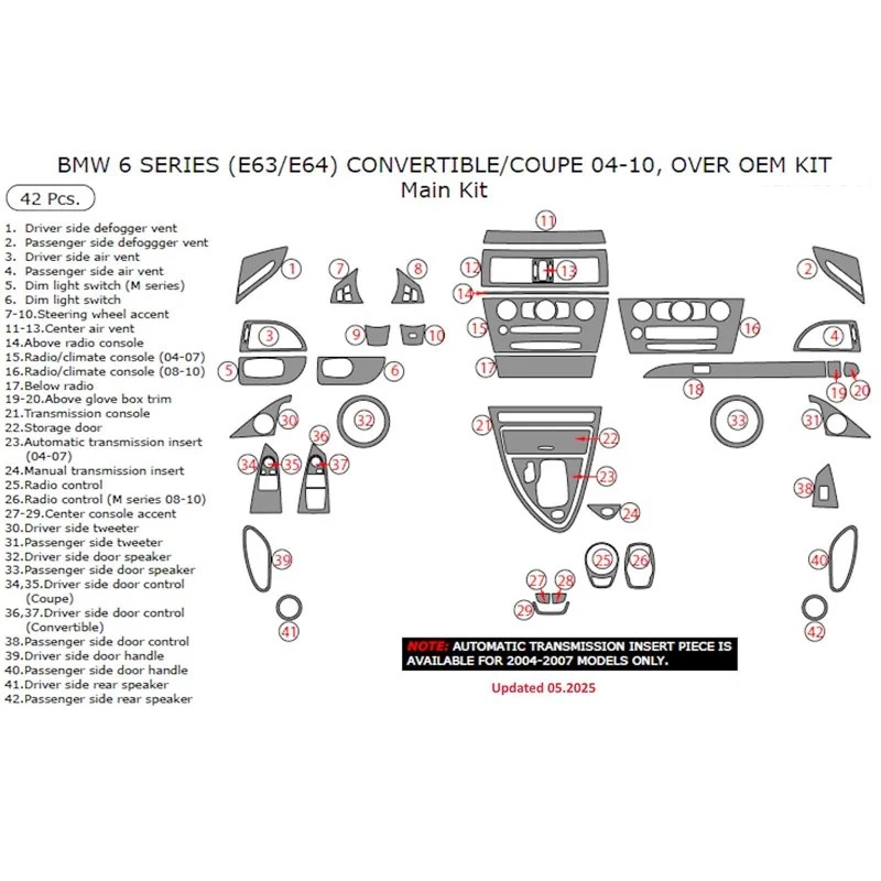 BMW 6-Series E 63 2008-2010 kit cruscotto 3D, 41 pezzi