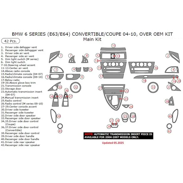 BMW 6-Series E 63 2008-2010 kit cruscotto 3D, 41 pezzi