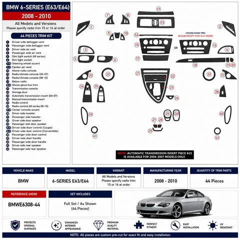 BMW 6-Series E 63 2008-2010 kit cruscotto 3D, 41 pezzi