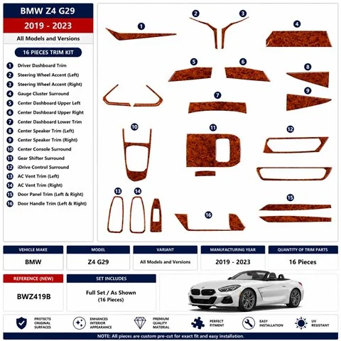 BMW Z4 G29 2019-2023 kit cruscotto 3D, 16 pezzi 2