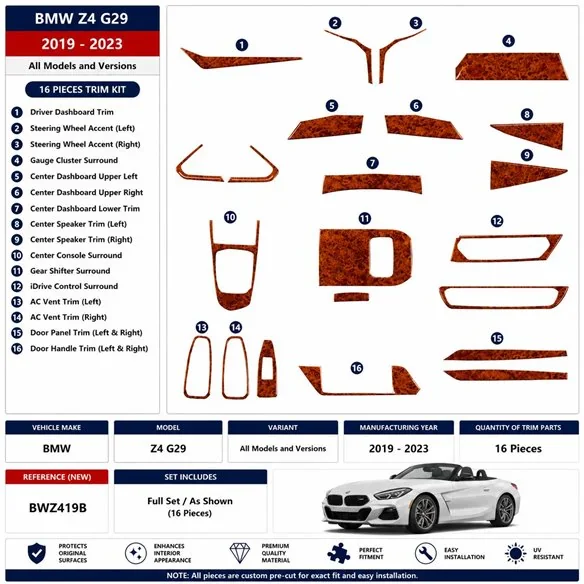 BMW Z4 G29 2019-2023 kit cruscotto 3D, 16 pezzi