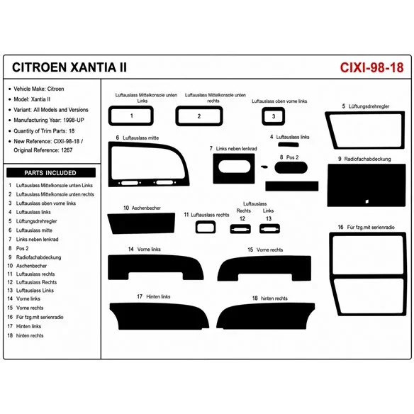 Citroen Xantia II 1998+ kit cruscotto 3D, 18 pezzi